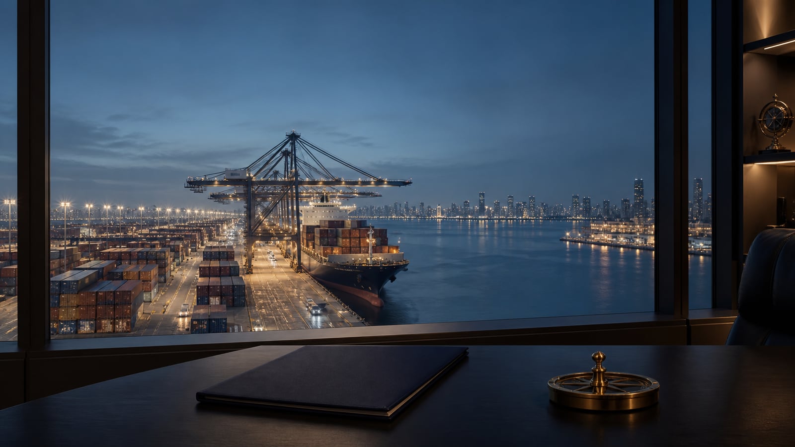 Editorial visualization of a modern Dubai logistics port and international trade planning