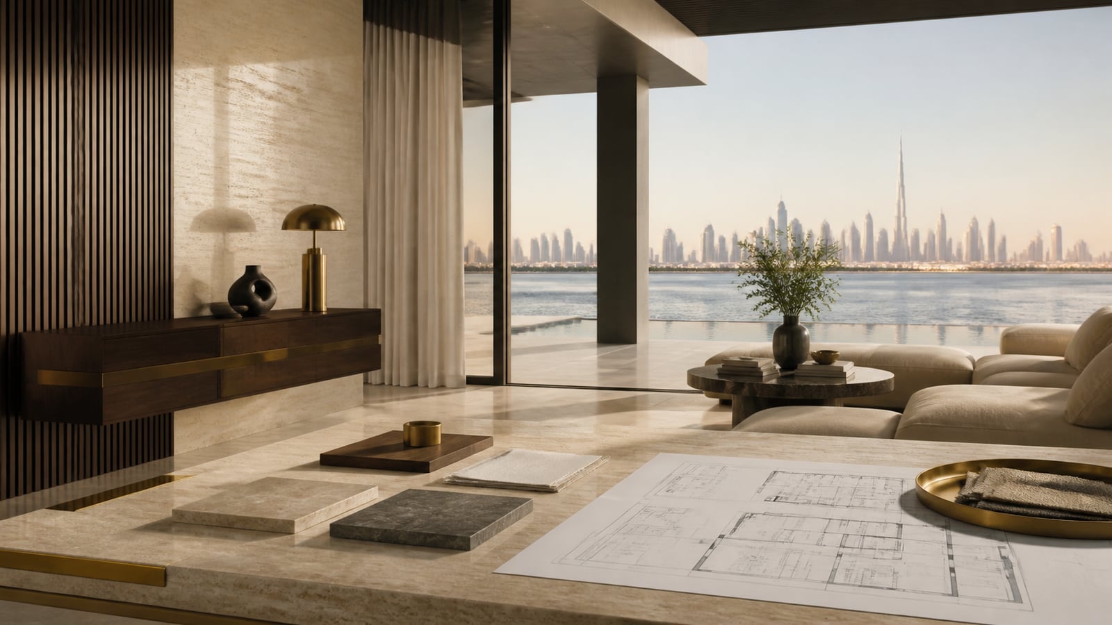 Editorial visualization of luxury property evaluation and material due diligence in Dubai